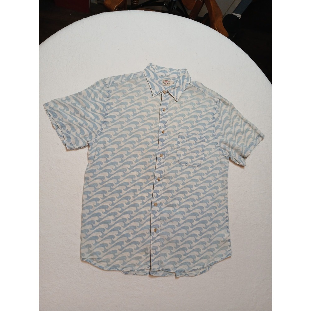 Faherty Mens L Button Down Shirt Cotton Blue White Ocean Wave Coast Surf Casual